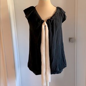 Black and white silk bow blouse